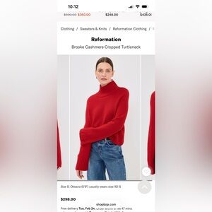 Reformation Brooke Red 100% Cashmere Cropped Turtleneck Sweater